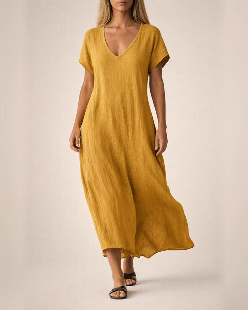 Women's New Summer Cotton-Linen Blend V-Neck Short Sleeve Loose Dress S-5XL | JRSEE:af7311df-c974-4acc-b147-f9e797f80645