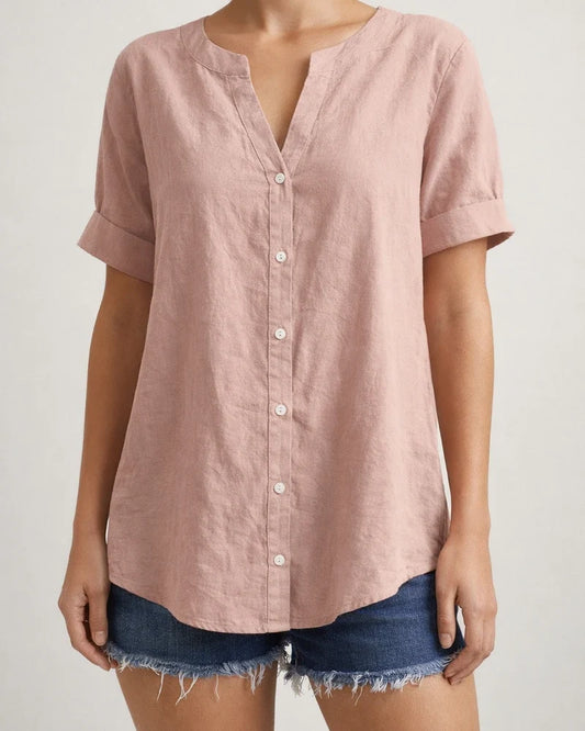 Women's New Summer Linen Tops Button Up Shirts Casual Tops V-neck Short Sleeve Shirt | JRSEE:6c8cb0c1-705f-41dc-8997-35969e0e9528