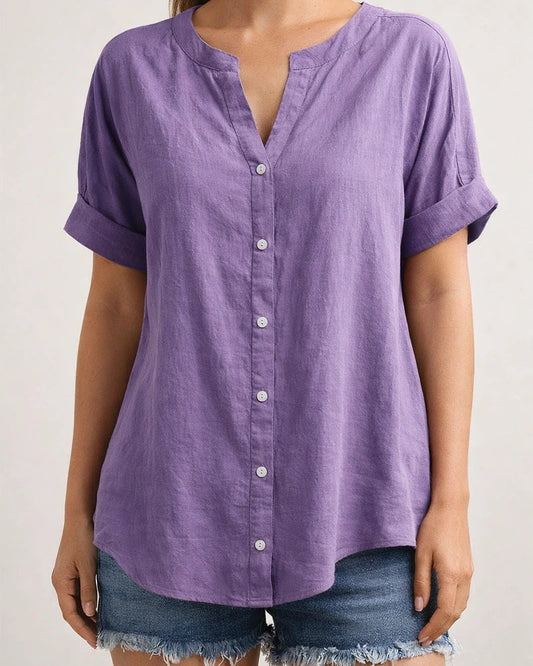 Women's New Summer Linen Tops Button Up Shirts Casual Tops V-neck Short Sleeve Shirt | JRSEE:ff2b49ab-8b31-49db-b2d0-71a2d1dcf0bd