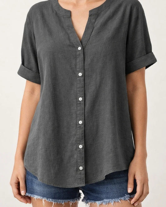 Women's New Summer Linen Tops Button Up Shirts Casual Tops V-neck Short Sleeve Shirt | JRSEE:e80cc569-f617-442a-badc-c8be008fd86f