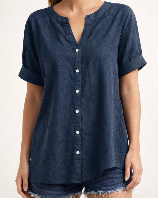 Women's New Summer Linen Tops Button Up Shirts Casual Tops V-neck Short Sleeve Shirt | JRSEE:ae9a486e-db45-47ca-8ca0-e7fcaaed38f3