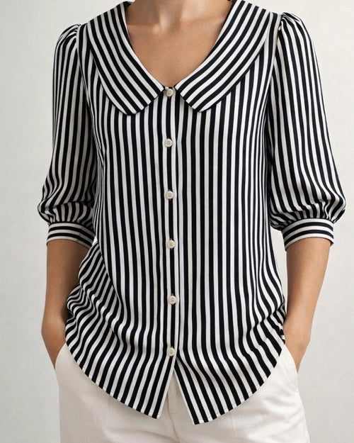 Women’s New Summer Shirt Striped Mid-Sleeve Loose-Fit V-Neck Shirt | JRSEE:5acfd904-daf0-45be-8d62-4a0b19a6a8e4
