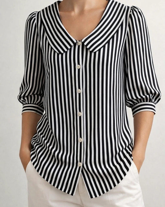 Women’s New Summer Shirt Striped Mid-Sleeve Loose-Fit V-Neck Shirt | JRSEE:5acfd904-daf0-45be-8d62-4a0b19a6a8e4