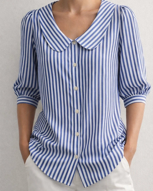 Women’s New Summer Shirt Striped Mid-Sleeve Loose-Fit V-Neck Shirt | JRSEE:61d5a651-19e1-4658-80c7-82ff44b92a0e