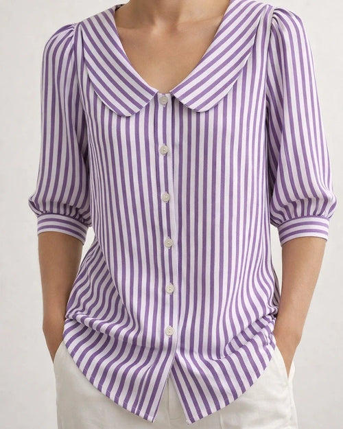 Women’s New Summer Shirt Striped Mid-Sleeve Loose-Fit V-Neck Shirt | JRSEE:f20bb39a-fc20-4b32-958e-0fb4af398496