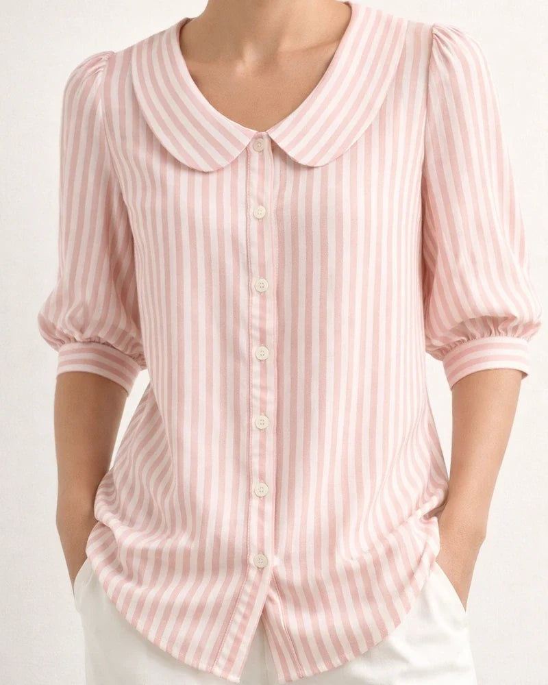 Women’s New Summer Shirt Striped Mid-Sleeve Loose-Fit V-Neck Shirt | JRSEE:c9584291-5675-4af2-93f6-f2c882ad329d