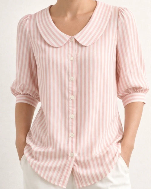 Women’s New Summer Shirt Striped Mid-Sleeve Loose-Fit V-Neck Shirt | JRSEE:c9584291-5675-4af2-93f6-f2c882ad329d