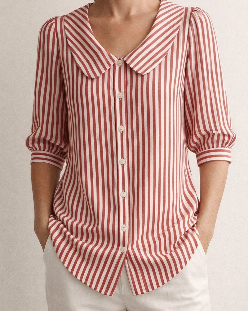 Women’s New Summer Shirt Striped Mid-Sleeve Loose-Fit V-Neck Shirt | JRSEE:54d080ef-b495-4514-8c81-785a365786db