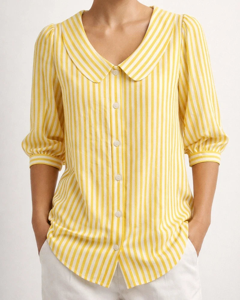 Women’s New Summer Shirt Striped Mid-Sleeve Loose-Fit V-Neck Shirt | JRSEE:a135d44a-c16b-499c-8f21-d0fe6b27329d