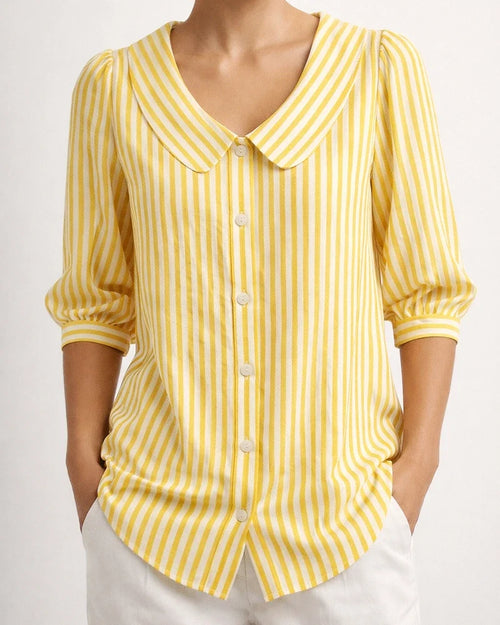 Women’s New Summer Shirt Striped Mid-Sleeve Loose-Fit V-Neck Shirt | JRSEE:a135d44a-c16b-499c-8f21-d0fe6b27329d