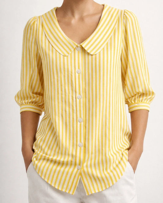 Women’s New Summer Shirt Striped Mid-Sleeve Loose-Fit V-Neck Shirt | JRSEE:a135d44a-c16b-499c-8f21-d0fe6b27329d