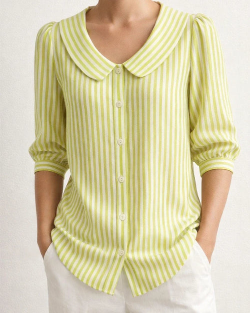 Women’s New Summer Shirt Striped Mid-Sleeve Loose-Fit V-Neck Shirt | JRSEE:30a74bc8-0d55-4e89-bbb1-99dc5560629b
