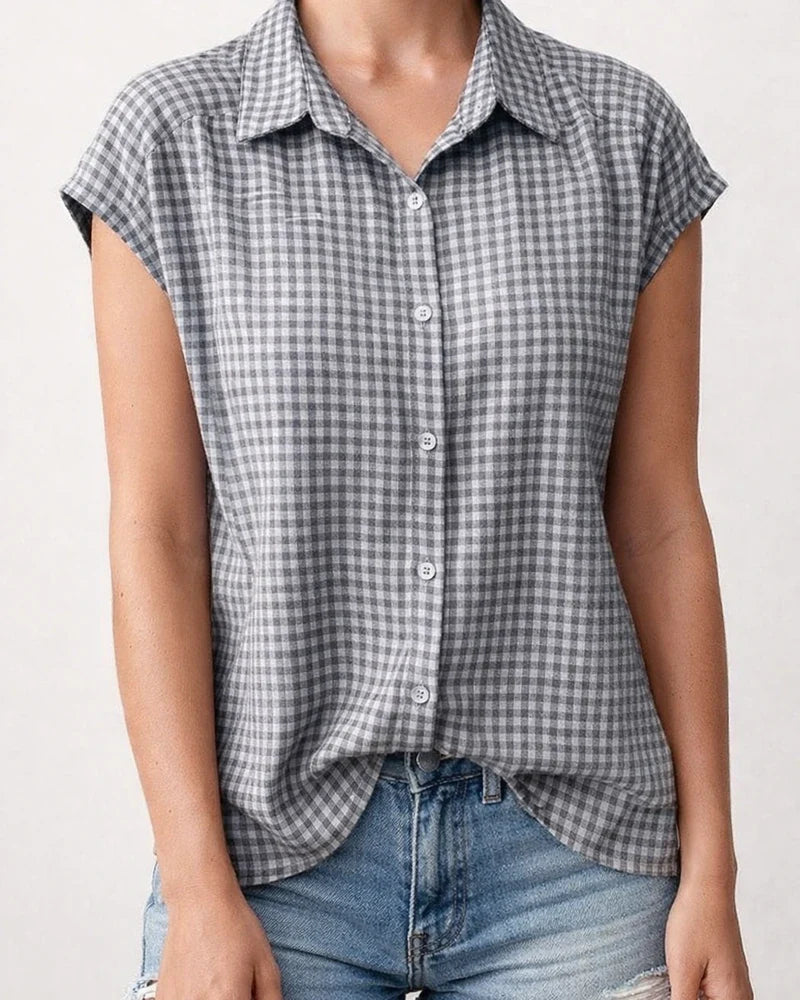 Women's New Summer Short-Sleeve Shirt Casual Checkered Top with Lapel Collar | JRSEE:c4c5d169-e4b9-49d9-9f6a-18b5716d94c5