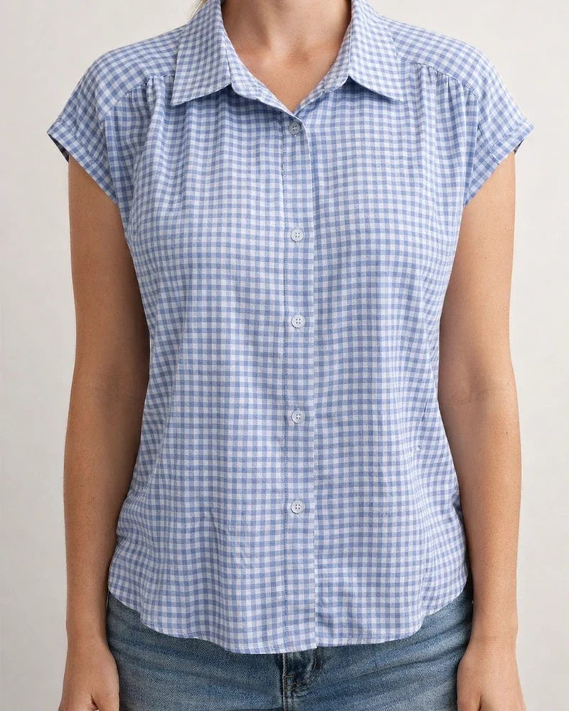 Women's New Summer Short-Sleeve Shirt Casual Checkered Top with Lapel Collar | JRSEE:6cb6142f-e437-4f97-a11f-1d8d26d43bbf