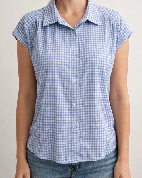 Women's New Summer Short-Sleeve Shirt Casual Checkered Top with Lapel Collar | JRSEE:6cb6142f-e437-4f97-a11f-1d8d26d43bbf