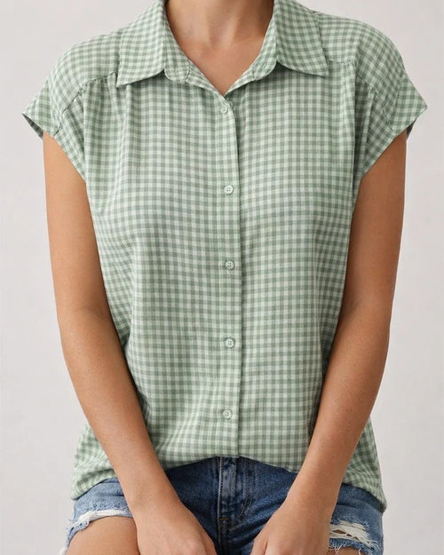 Women's New Summer Short-Sleeve Shirt Casual Checkered Top with Lapel Collar | JRSEE:ab904116-86f3-46b9-b02c-b38e68c193ed