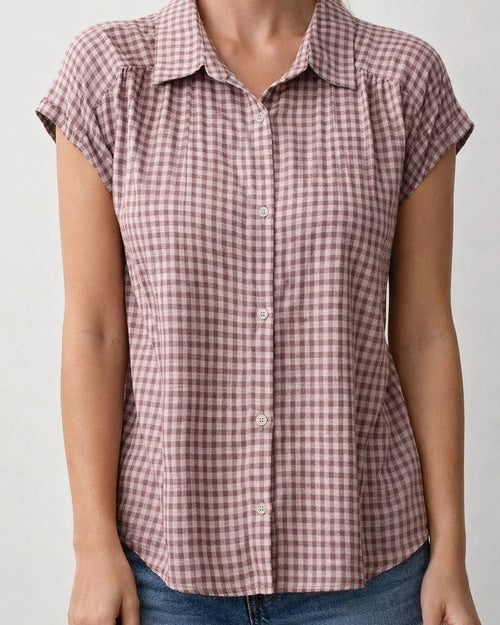 Women's New Summer Short-Sleeve Shirt Casual Checkered Top with Lapel Collar | JRSEE:9b4f8092-1fd0-45ab-ad5e-aa09c250aca5