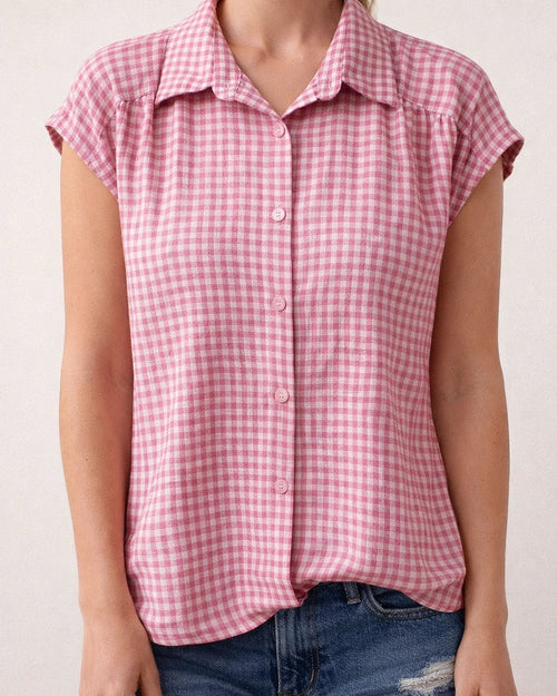 Women's New Summer Short-Sleeve Shirt Casual Checkered Top with Lapel Collar | JRSEE:a60a96a4-5579-4aee-8a1d-4b479f0f24a3