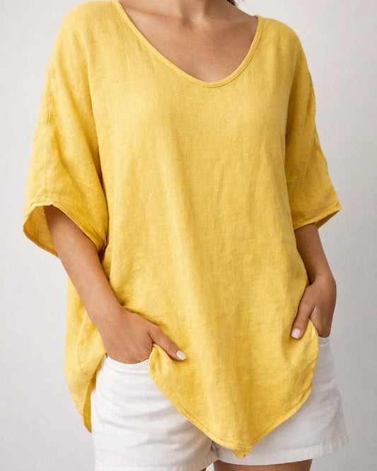 Women's New Summer Solid Color Loose-fitting Short-sleeve Casual Cotton-linen Blend T-shirt | JRSEE:ba80f23d-ed48-4138-a5bd-545dd62d891b