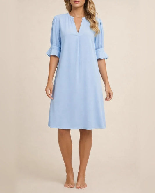 Women's New Summer Solid-color V-neck Loose Pleated Five-quarter Sleeve Dresses | JRSEE:e58e39de-2236-4f16-b914-cb691bdac7aa
