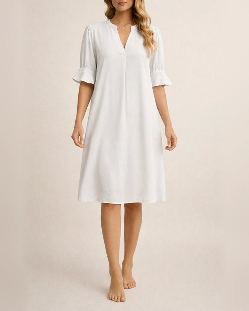 Women's New Summer Solid-color V-neck Loose Pleated Five-quarter Sleeve Dresses | JRSEE:def1df81-6a92-42c0-aa2d-87a73af59e06