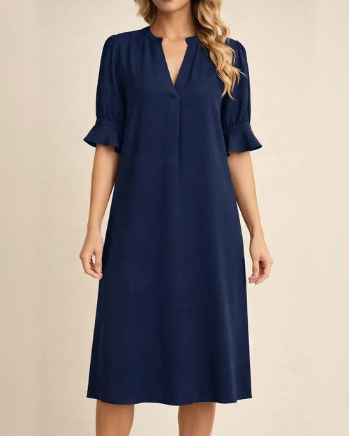 Women's New Summer Solid-color V-neck Loose Pleated Five-quarter Sleeve Dresses | JRSEE:4bb91078-f268-43e6-97d4-1b692ab429e4