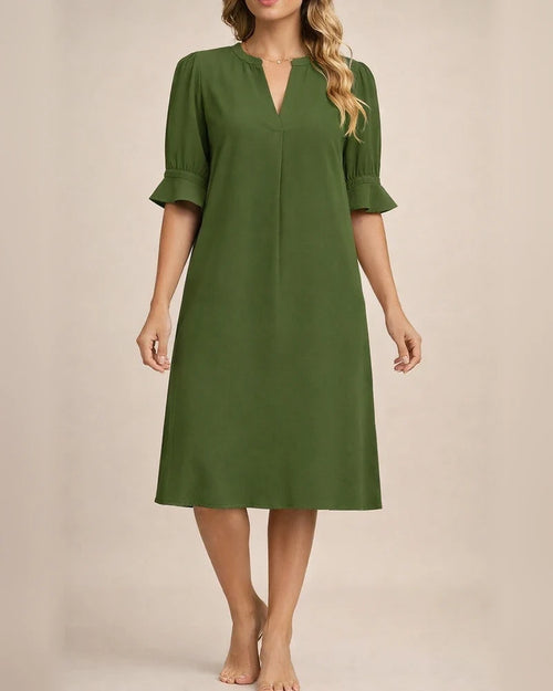 Women's New Summer Solid-color V-neck Loose Pleated Five-quarter Sleeve Dresses | JRSEE:63284546-85a5-4807-a9dc-1e5ad95b1a52
