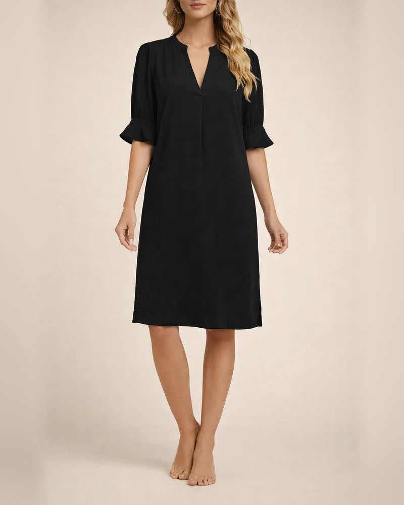 Women's New Summer Solid-color V-neck Loose Pleated Five-quarter Sleeve Dresses | JRSEE:367c1b82-a973-44db-a44e-2f331c535b0f