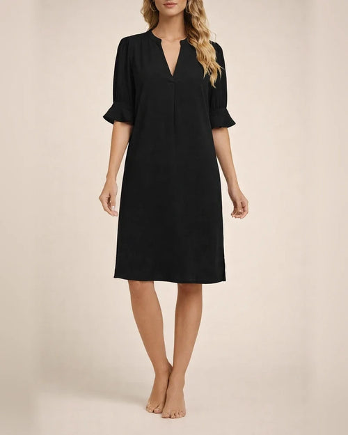 Women's New Summer Solid-color V-neck Loose Pleated Five-quarter Sleeve Dresses | JRSEE:367c1b82-a973-44db-a44e-2f331c535b0f