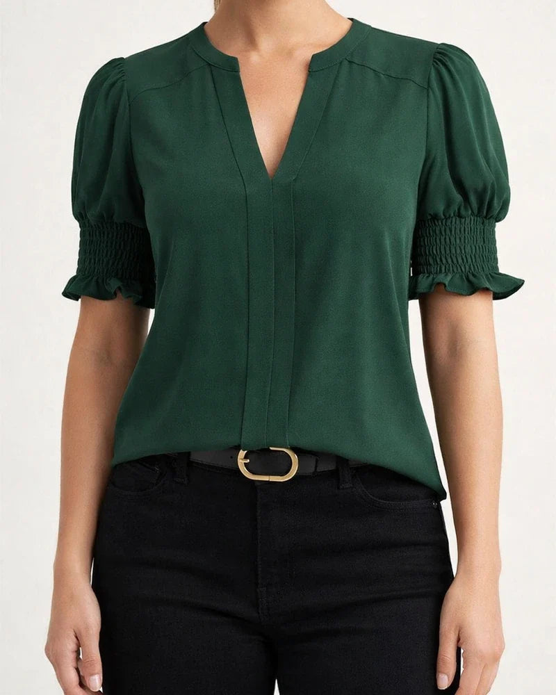 Women's New Summer V-neck Elegant Puffed-Sleeve Solid-Color Shirt | JRSEE:ada3e2bf-decb-4bbc-b107-8811e7cab0cc