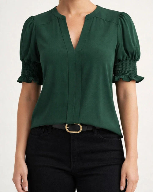 Women's New Summer V-neck Elegant Puffed-Sleeve Solid-Color Shirt | JRSEE:ada3e2bf-decb-4bbc-b107-8811e7cab0cc