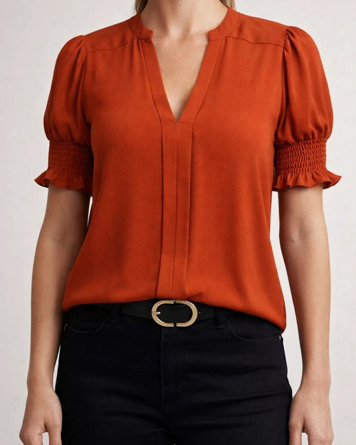 Women's New Summer V-neck Elegant Puffed-Sleeve Solid-Color Shirt | JRSEE:14b53af4-8aa2-4ac3-a1b7-b091af5ae3a3