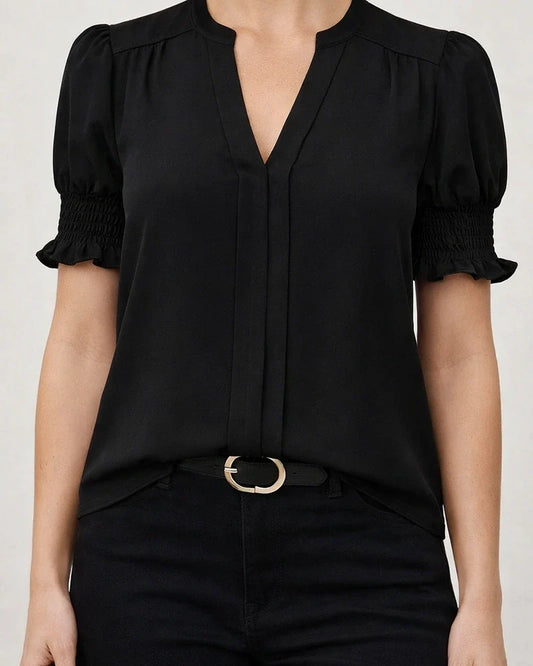 Women's New Summer V-neck Elegant Puffed-Sleeve Solid-Color Shirt | JRSEE:fc16d24f-e60d-44b7-930d-2a8cc617b928