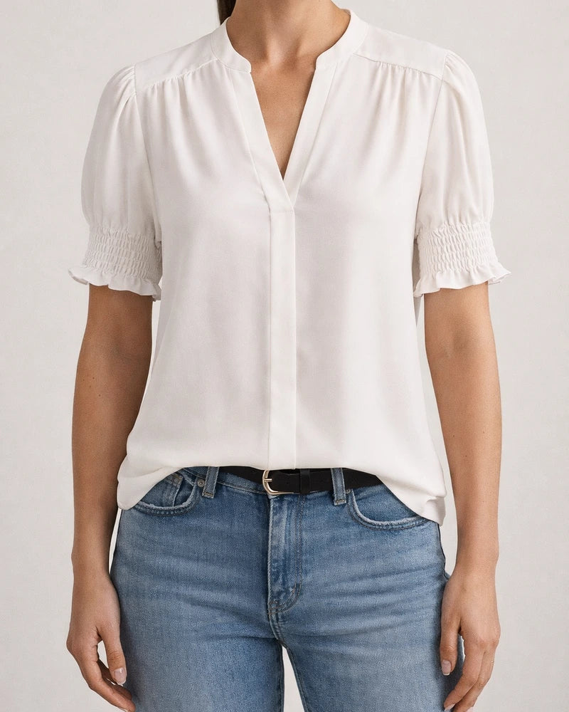 Women's New Summer V-neck Elegant Puffed-Sleeve Solid-Color Shirt | JRSEE:f159bc00-431e-45fe-9936-ce6879603aaf