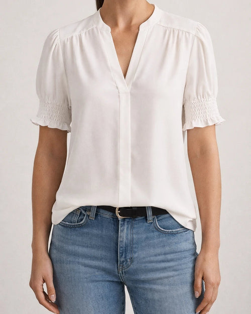 Women's New Summer V-neck Elegant Puffed-Sleeve Solid-Color Shirt | JRSEE:f159bc00-431e-45fe-9936-ce6879603aaf