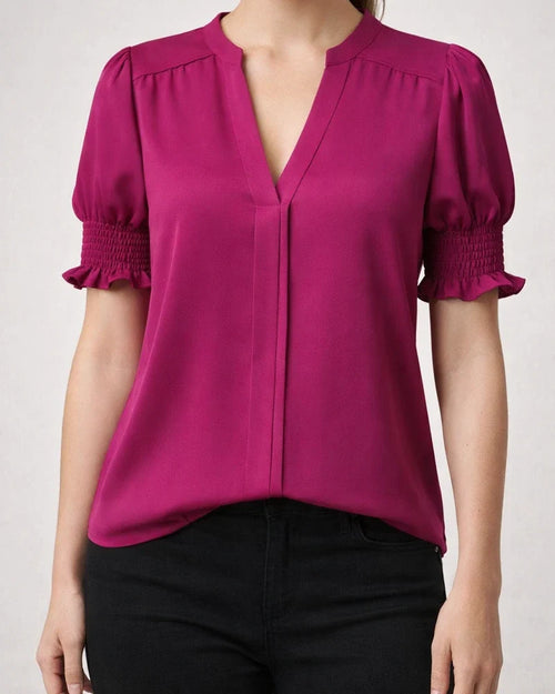 Women's New Summer V-neck Elegant Puffed-Sleeve Solid-Color Shirt | JRSEE:197b2e74-90e9-4631-9a18-bf7b5b041f05