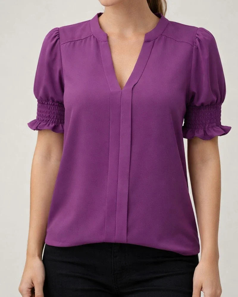 Women's New Summer V-neck Elegant Puffed-Sleeve Solid-Color Shirt | JRSEE:30e7117c-716e-40b7-9f43-ce7c152756b8