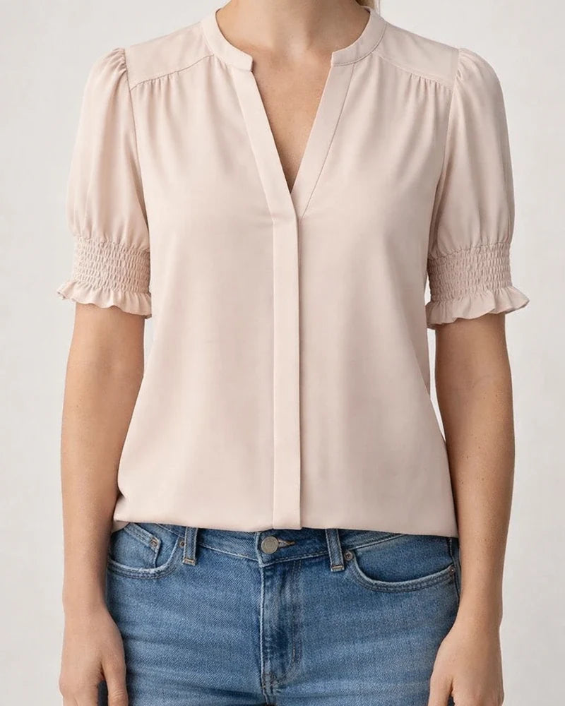 Women's New Summer V-neck Elegant Puffed-Sleeve Solid-Color Shirt | JRSEE:8cbcd4d2-72ab-4c97-81ff-7cd6bc4179eb