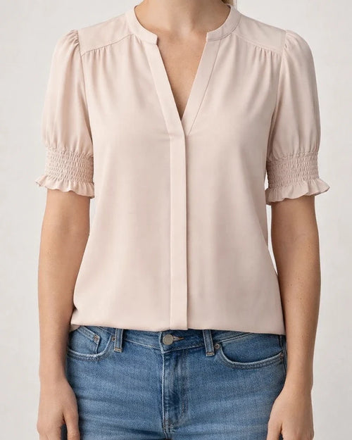 Women's New Summer V-neck Elegant Puffed-Sleeve Solid-Color Shirt | JRSEE:8cbcd4d2-72ab-4c97-81ff-7cd6bc4179eb