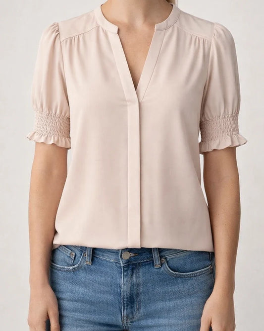 Women's New Summer V-neck Elegant Puffed-Sleeve Solid-Color Shirt | JRSEE:8cbcd4d2-72ab-4c97-81ff-7cd6bc4179eb