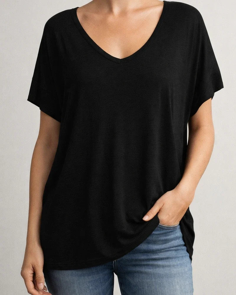 Women's New Summer V-neck Solid Color Short-sleeved T-shirt | JRSEE:de066557-c53e-434f-9657-6e49a48b19f2