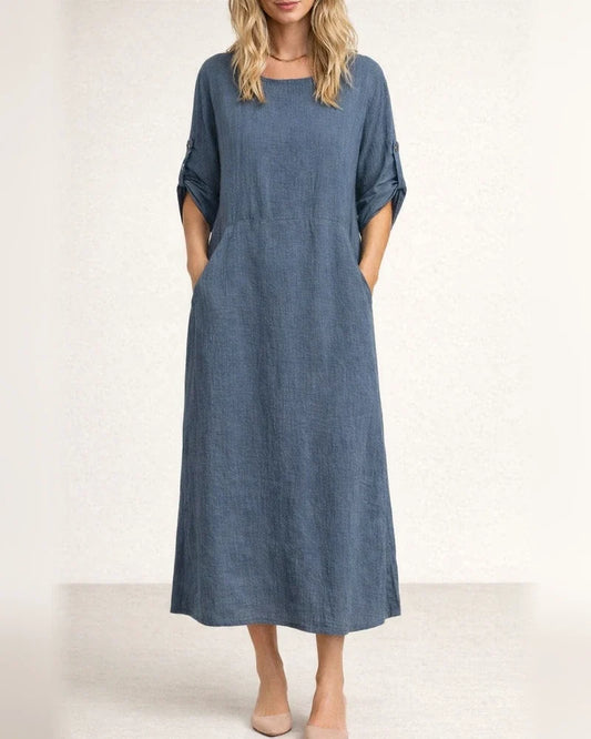 Women's New Summer Wind Loose Casual Solid Color Short-sleeved Cotton Linen Dress Round Neck Mid-length Dresses | JRSEE:23a5e56b-71e4-4f6d-97a9-7c5c17255913