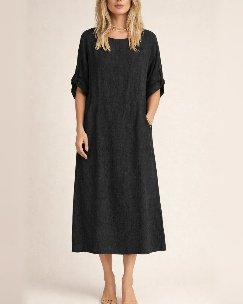 Women's New Summer Wind Loose Casual Solid Color Short-sleeved Cotton Linen Dress Round Neck Mid-length Dresses | JRSEE:f350bc82-01c1-4ebd-b77a-75975065d3d7