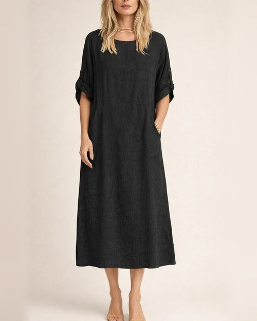 Women's New Summer Wind Loose Casual Solid Color Short-sleeved Cotton Linen Dress Round Neck Mid-length Dresses | JRSEE:f350bc82-01c1-4ebd-b77a-75975065d3d7