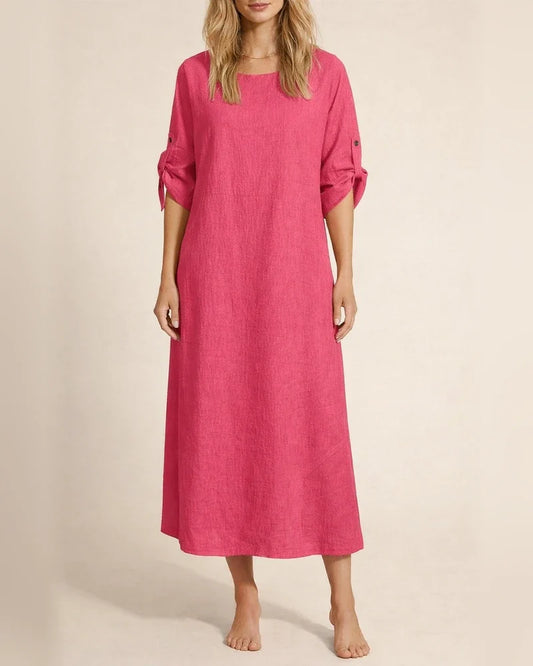Women's New Summer Wind Loose Casual Solid Color Short-sleeved Cotton Linen Dress Round Neck Mid-length Dresses | JRSEE:814e3ae6-8c15-475a-b66a-6c3c8d21c584