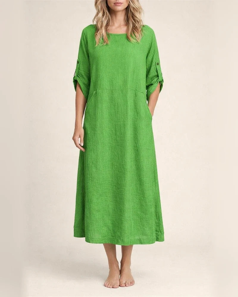 Women's New Summer Wind Loose Casual Solid Color Short-sleeved Cotton Linen Dress Round Neck Mid-length Dresses | JRSEE:7fd60fa8-4820-44d9-9280-7d8b6c650f1b