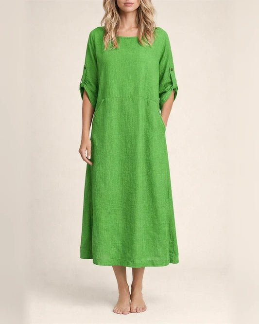 Women's New Summer Wind Loose Casual Solid Color Short-sleeved Cotton Linen Dress Round Neck Mid-length Dresses | JRSEE:7fd60fa8-4820-44d9-9280-7d8b6c650f1b