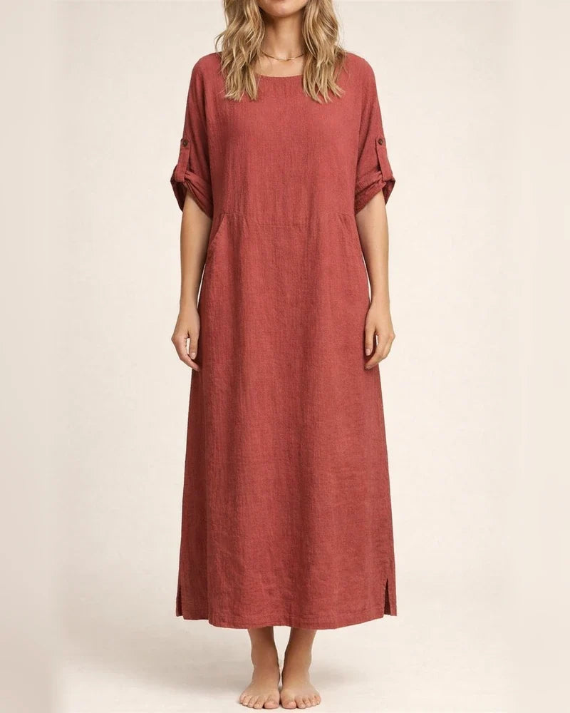 Women's New Summer Wind Loose Casual Solid Color Short-sleeved Cotton Linen Dress Round Neck Mid-length Dresses | JRSEE:70a5038c-5fd1-43f8-ba1d-269228a78fa4