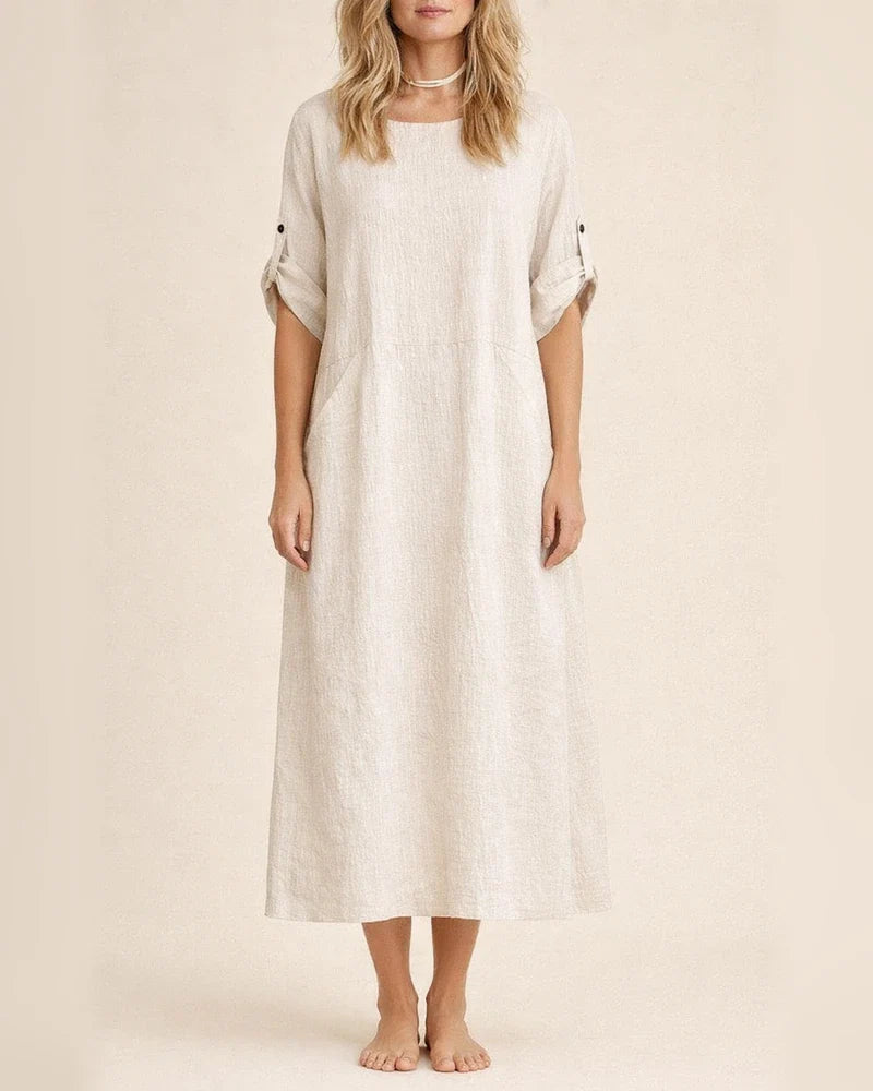 Women's New Summer Wind Loose Casual Solid Color Short-sleeved Cotton Linen Dress Round Neck Mid-length Dresses | JRSEE:a4f6902e-c206-482d-951e-bb9f1ee6bd85