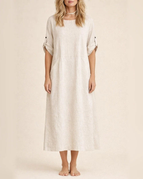 Women's New Summer Wind Loose Casual Solid Color Short-sleeved Cotton Linen Dress Round Neck Mid-length Dresses | JRSEE:a4f6902e-c206-482d-951e-bb9f1ee6bd85
